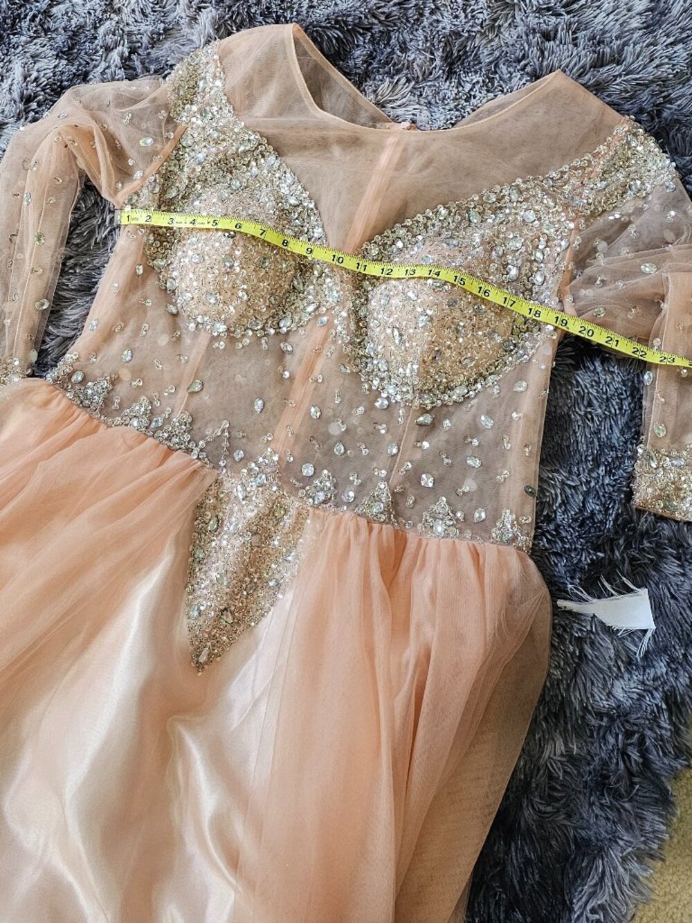 Rhinestone‑Embellished Peach Sheer‑Sleeve Gown - Picture 7 of 8